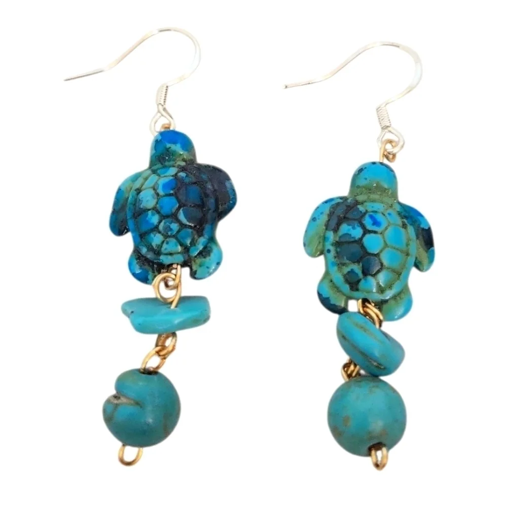 Turquoise Sea Turtle Dangle Earrings Ocean-Inspired Handmade Gemstone Jewelry